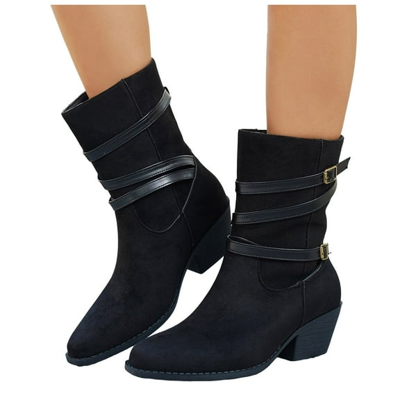 Dakaela Women's Cowboy Boots Suede Cowgirl Western Ankle Booties Chunky Heel Square Toe Wide Calf Riding Shoes Black 6.5