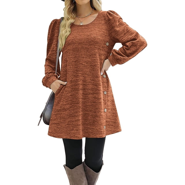TopLLC Robe Mi-Mollet à Manches Longues Col Rond Mode Décontractée Couleur Unie Robe Mi-Mollet à Manches Longues Robe Femme