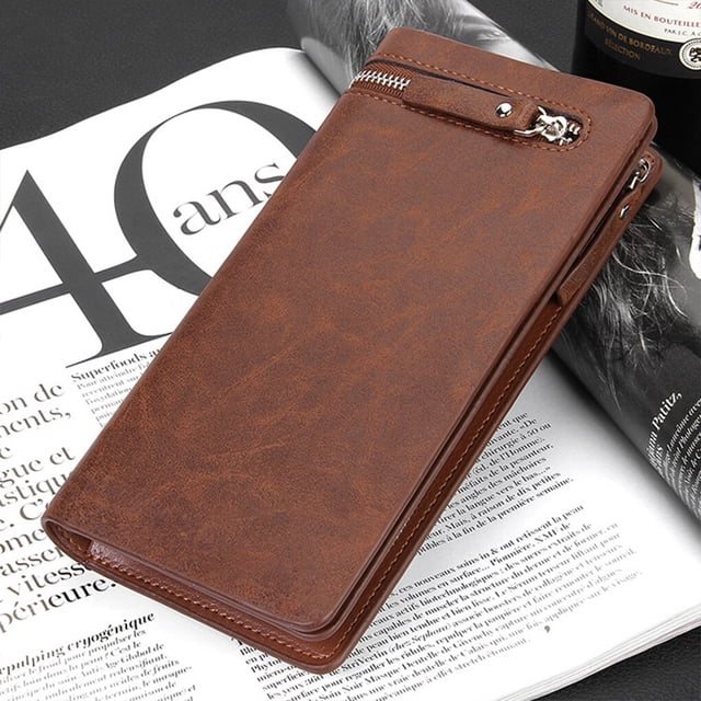 Maoww Men Long Wallet Simple Style Credit Card Holder Solid Color Purse Leather Handbag Phone Keys Multi-card Bag Large Capacity Light coffee