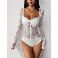 thumbnail image 3 of Women'S Sheer Floral Lace Long Sleeve Bodysuit Top Sweetheart Neck Bodysuit White S, 3 of 8
