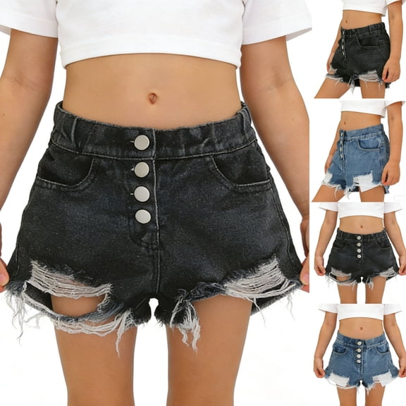 AHTJRT Denim Shorts for Girls Front Button Elastic Waistband Retro Distressed Jean Shorts Funky Streetwear Teen Girls Spring Summer Bottoms Blue 2-3 Years