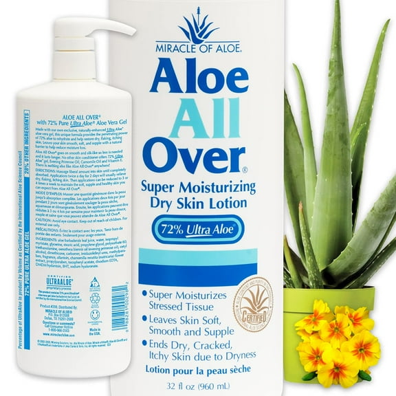 Miracle of Aloe Aloe All Over Super Moisturizing Dry Skin Lotion 32 oz with Pump - 72% UltraAloe Aloe Vera Gel. Safe for Everyone: Men, Women, Children, Kids. Ends Flaking and Restores Dry Skin Fast