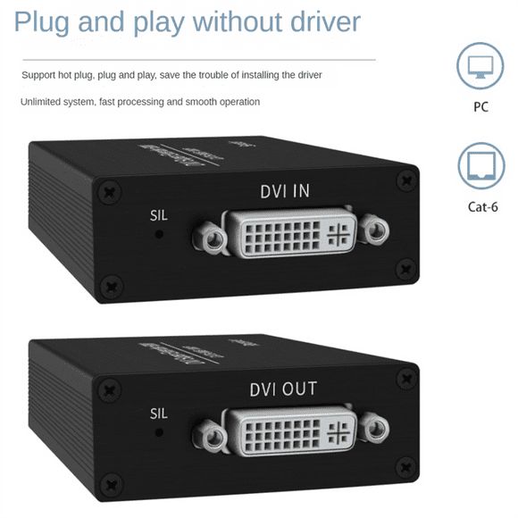 DVI Extender RJ45 Cat6 Cable Extender to 196.8Ft Transmitter Receiver DVI Ethernet Adapter HD 1920X1200 US Plug