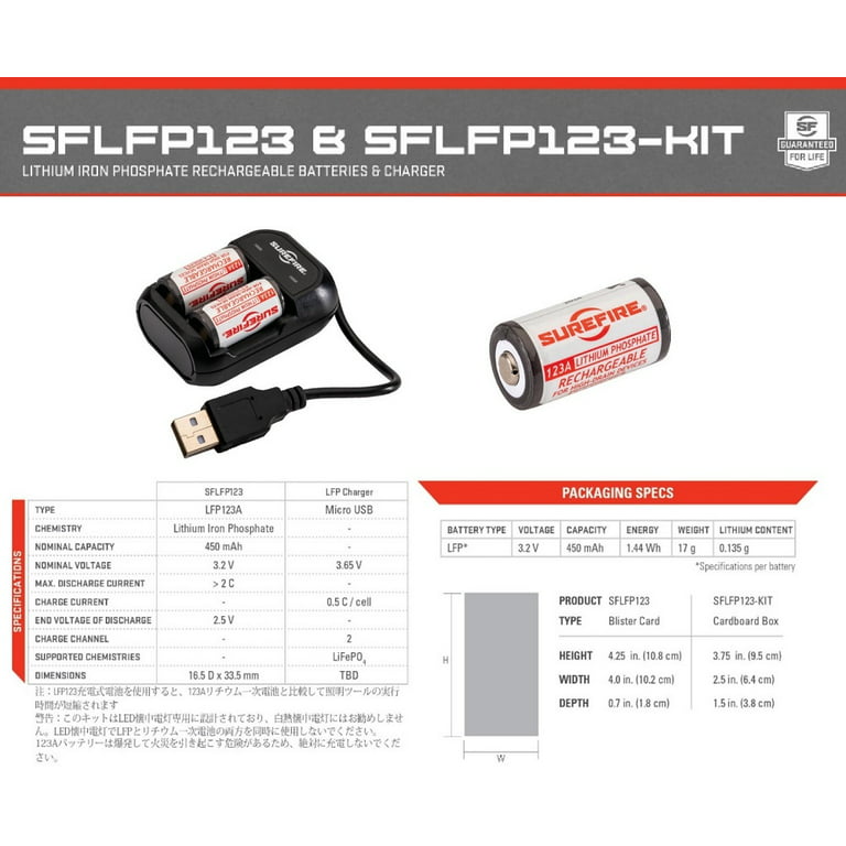 Surefire Rechargeable Battery CR123A 3.2 Volt Lithium 2-Pack with Charging  Kit - Botach®