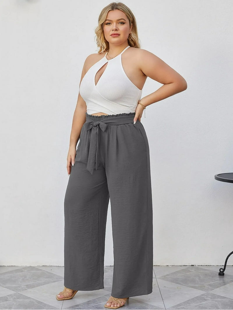 SHOWMALL Plus Size Women's Wide Leg Pants with Pockets Dark Gray