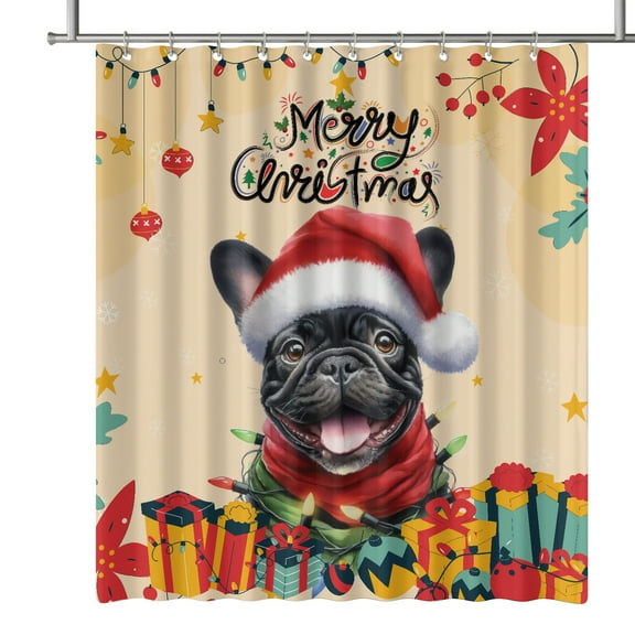 Merry Christmas Santa French Bulldog Scarf Twinkling Lights Xmas Holiday Shower Curtain Dog Lover Gifts Waterproof Bathroom Bathtub Curtain - 00022