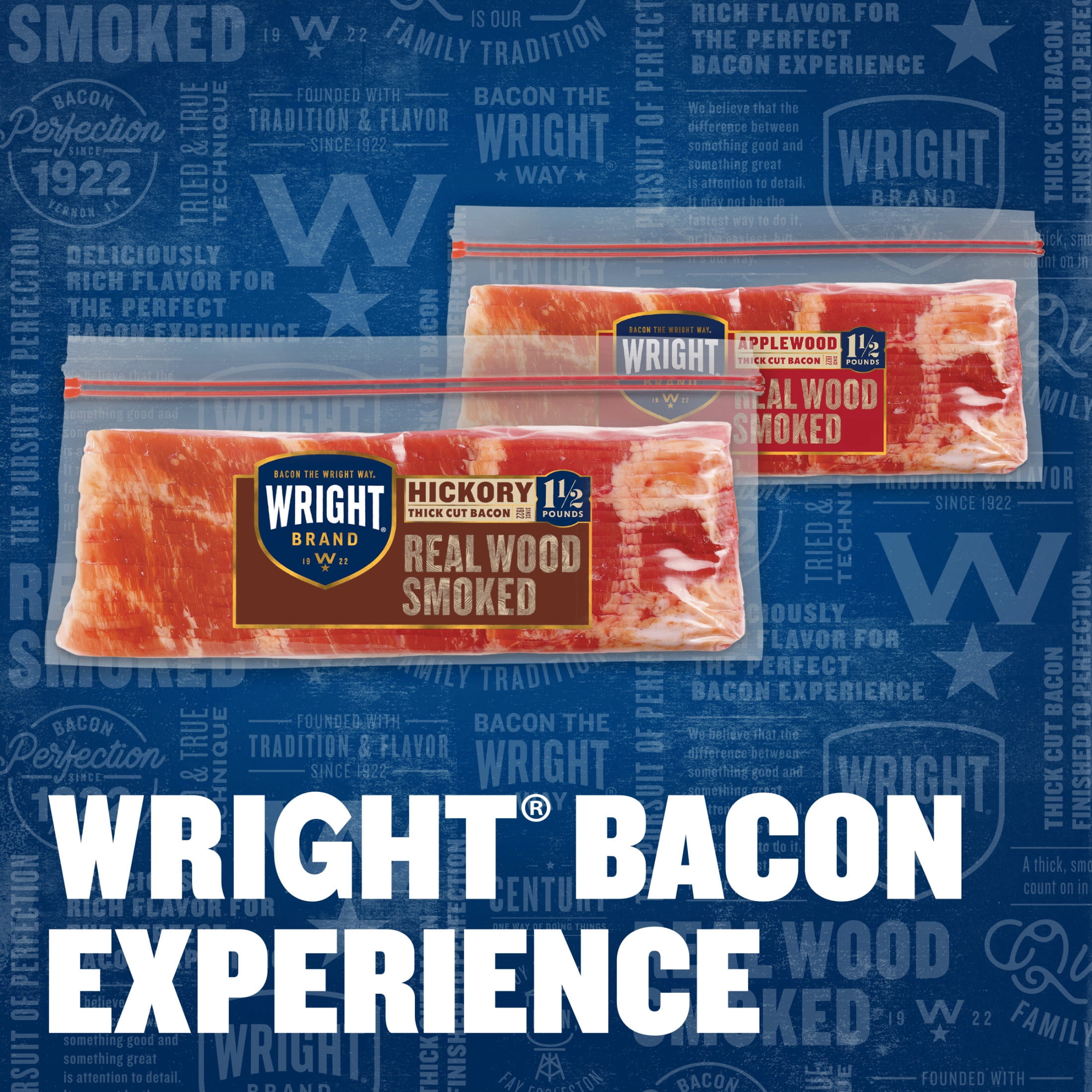 Wright Brand Hickory Real Wood Smoked Thick Cut Sliced Refrigerated Bacon, 24 oz