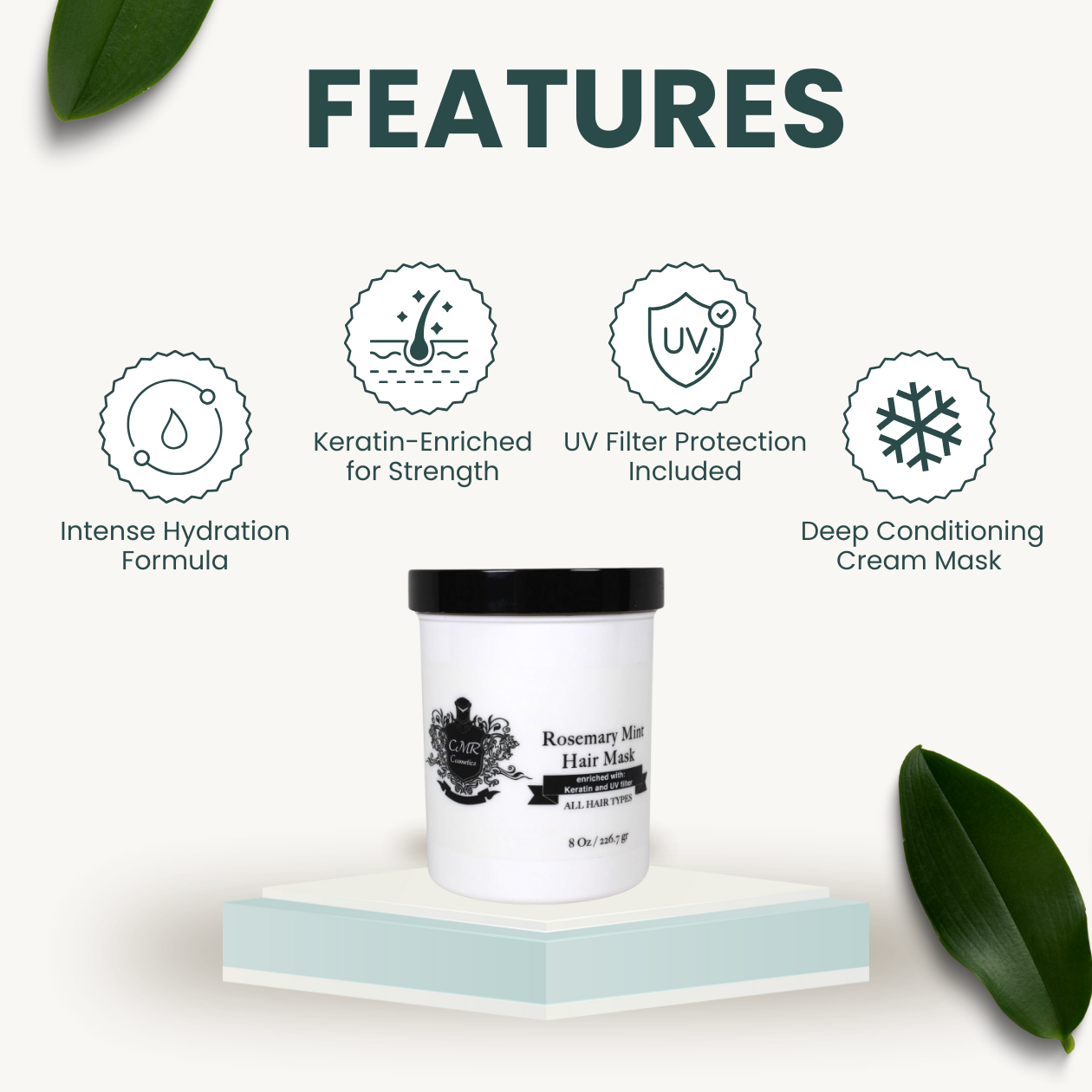 CMR Cosmetics Natural Hair Mask with Rosemary & Mint - Deep Conditioning Care for Dry, Hair - Promotes Growth, Shine & Scalp Health - Sulfate Free