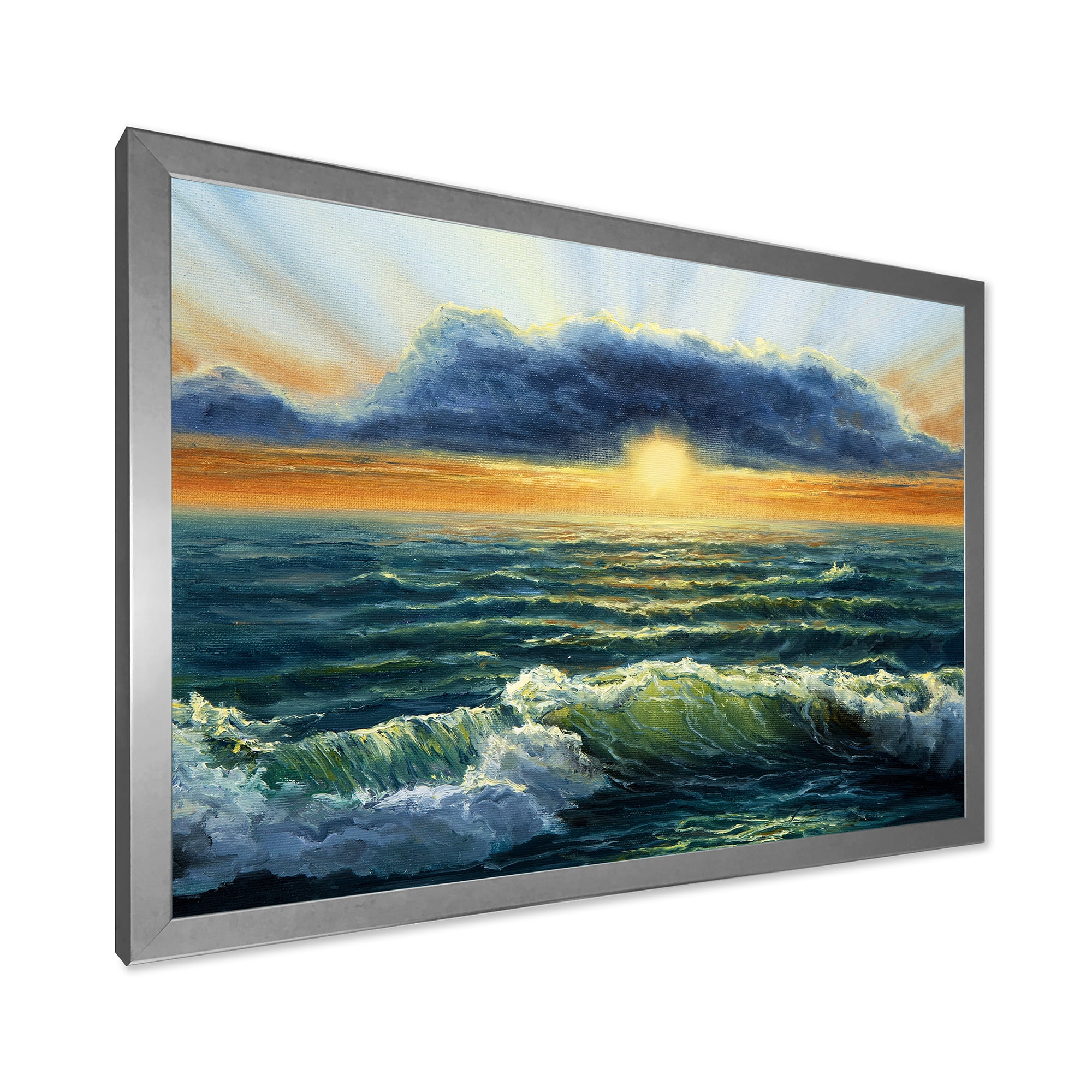 Designart 'The Blue Ocean In Sunset Evening I' Nautical & Coastal Framed Art Print