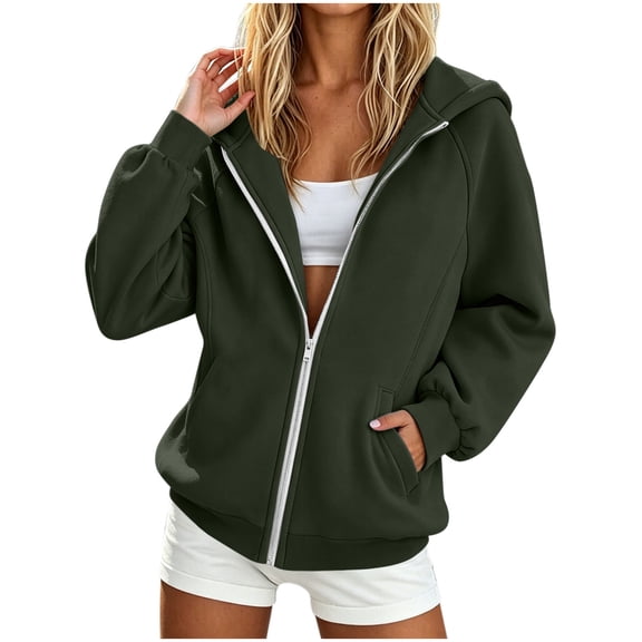 MaFYtyTPR Women's Zip Up Hoodies Solid Long Sleeve Drawstring Sweatshirt Jacket With Kangaroo Pocket for Fall Winter Army Green L