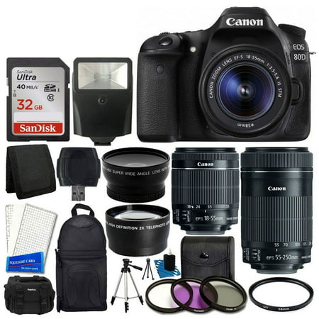 Canon EOS 80D DSLR Camera Body + Canon EF-S 18-55mm IS STM & Canon EF-S 55-250mm IS STM Lens + 58mm 2x Lens + Wide Angle Lens + 32GB Memory Card + Auto Power Flash + UV Filter Kit + Accessory