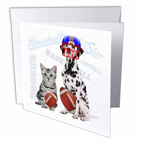 Gray Tabby Cats - 3dRose Gray Tabby Cat and Dalmatian with Footballs, fun Sports Theme, Greeting Cards, 6 x 6 inches, set of 12