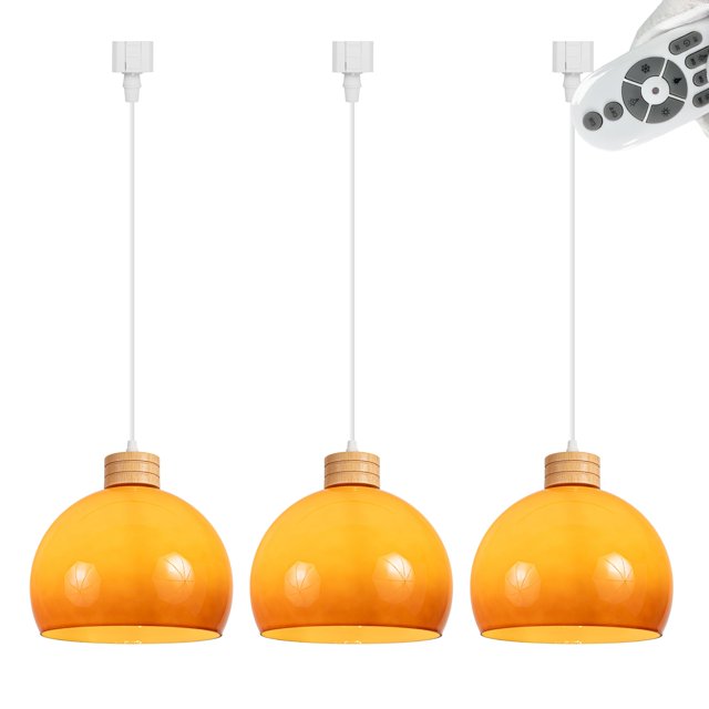 FSLiving Dimmable Juno Track Light Pendants, 3.2 Ft, J-Type Track Mounted Remote Control Natural Wood Socket Globe Gradient Orange Glass Cover Chandeliers 3 Lights for Kitchen Ceiling Customizable