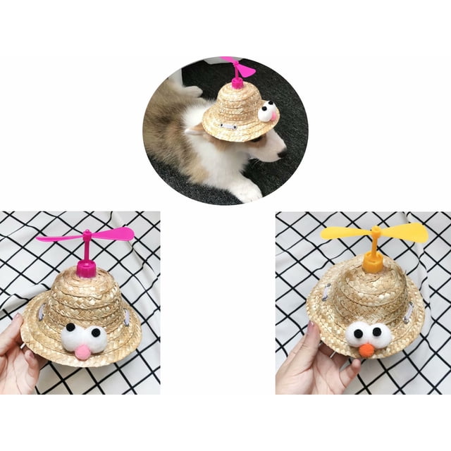 Sombrero de paja para gato, lindo, ajustable, hecho a mano, a la moda, divertido, para mascotas, sombrero para el sol, libélula de bambú, sombrero de verano para perros, sombrero para gatos, amarillo y rojo (pequeño) oso de fresa Electrónica