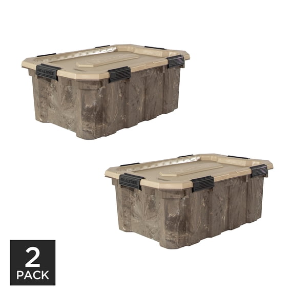 Realtree® WEATHERMAX™ 18 Gallon Marbled and Tan Storage Tote with Latching Lid, Heavy Duty Plastic Storage Bin, Pack of 2