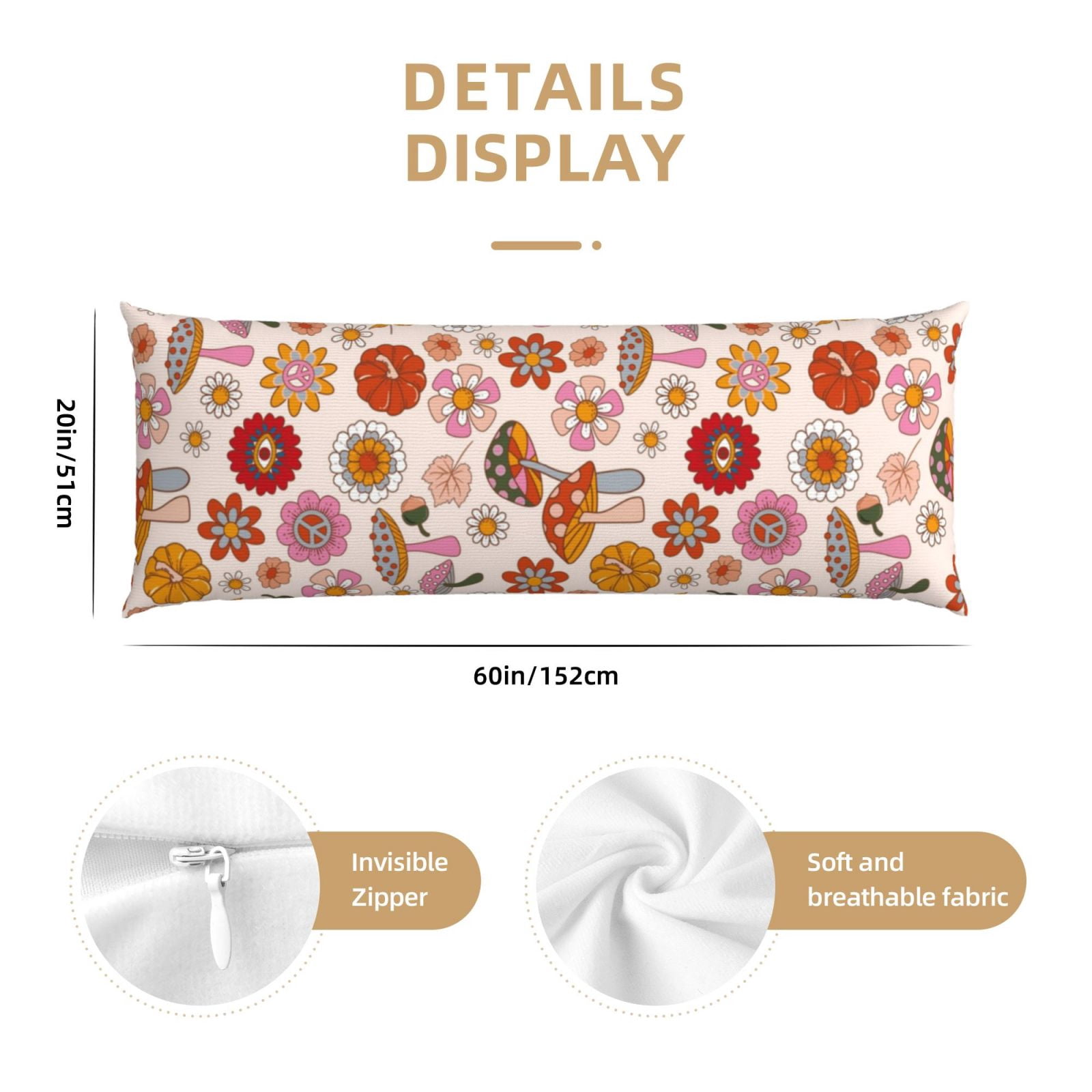 Naloa Fall 70s Groovy Hippie Super Soft 20x60 Body Pillow Case,Long Side Hidden Zipper（PILLOWS ARE NOT INCLUDED）