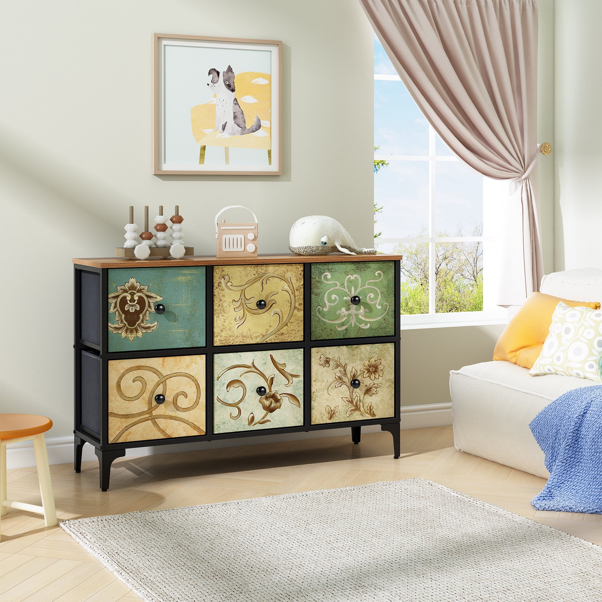 Dresser TV Stand for Bedroom, Wide Dresser with 6 Drawers, Console Table Chest of Drawers Fabric Dressers for Kids, Living Room, Closet, Entryway,Sturdy Steel Frame and Wooden Top