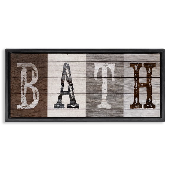 Stupell Industries Farmhouse Rustic Bath Letters Black Floating Frame Canvas Art, 25 x 11, by Susan Arnot