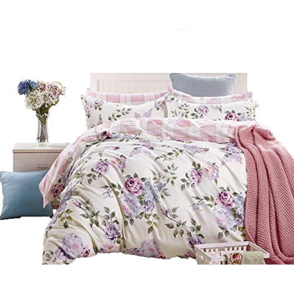 Swanson Beddings Roses Rose-Violet Ensemble de Literie 3 Pcs 100 % Coton : Housse de Couette et Deux Taies d'Oreiller (Grand Lit)