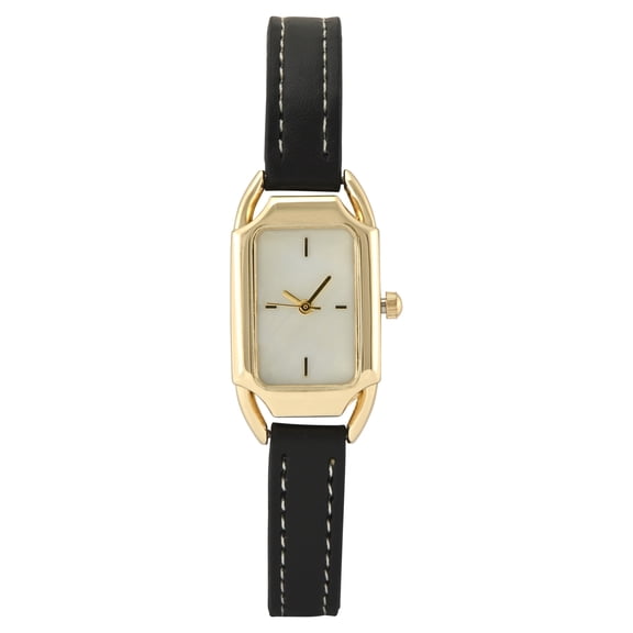 Time & Tru Ladies Goldtone Tank Case with Smooth Black PU Strap