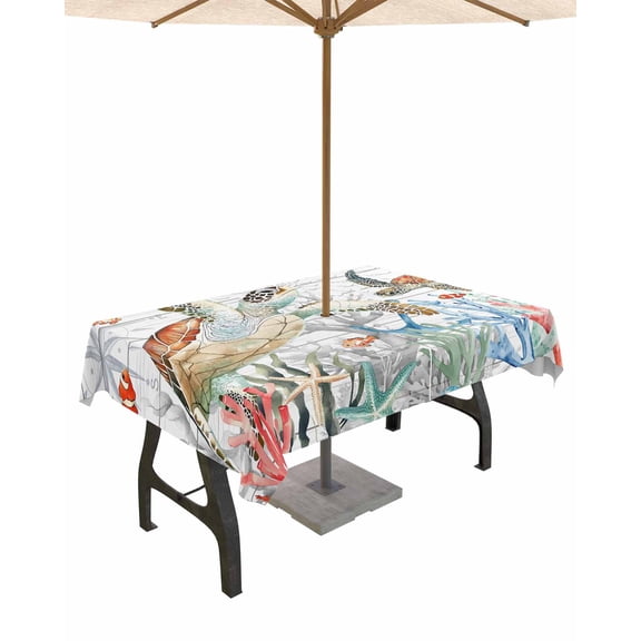 Outdoor Tablecloth with Umbrella Hole for Patio/Picnic/Party/Camping, Brown Sea Turtle Coastal Waterproof Table Cloth Rectangle Table Cover Washable, Summer Beach Coral Starfish Wooden 52"x 70"