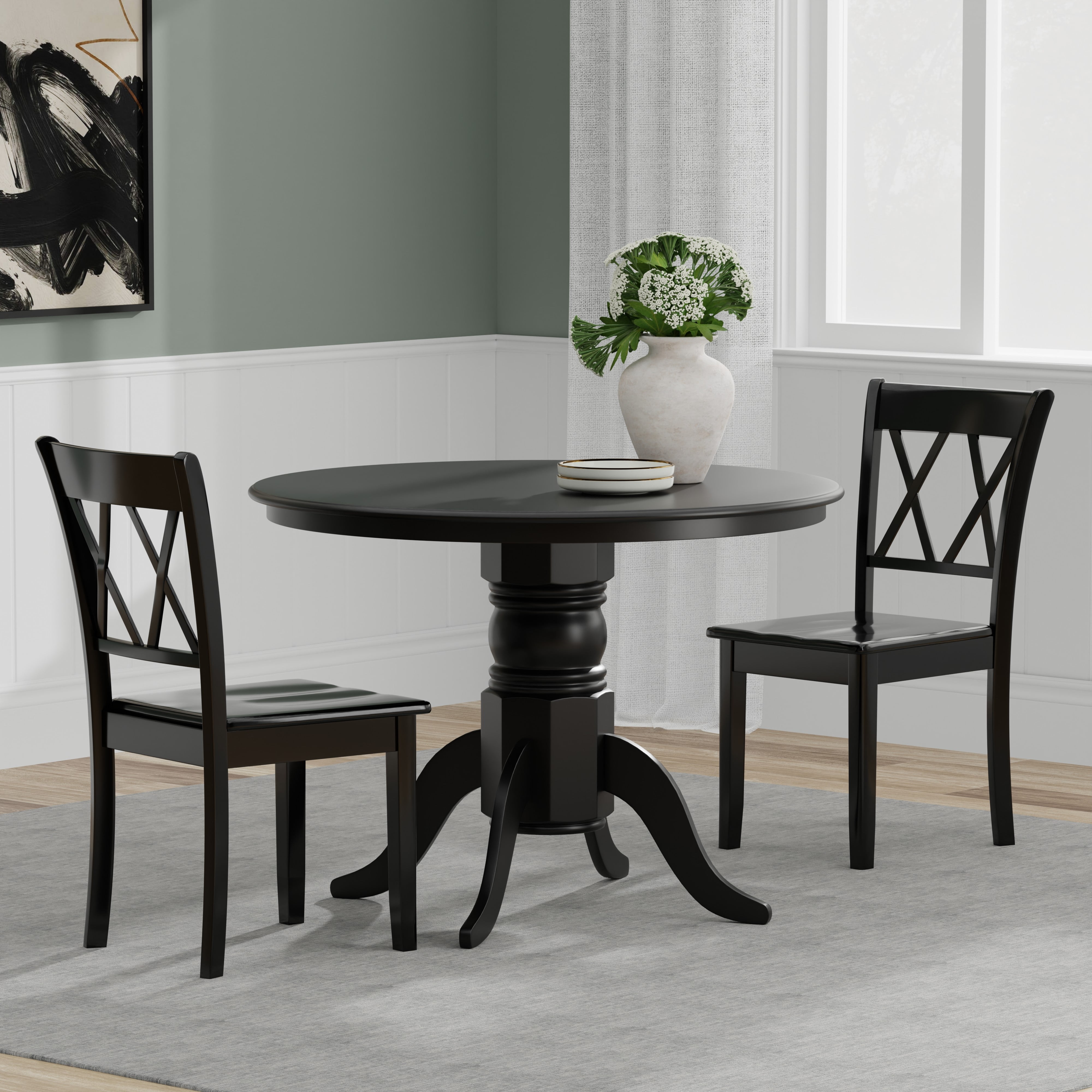 3PC 42" Round Pedestal Dining Table + Double XBack Dining Chairs