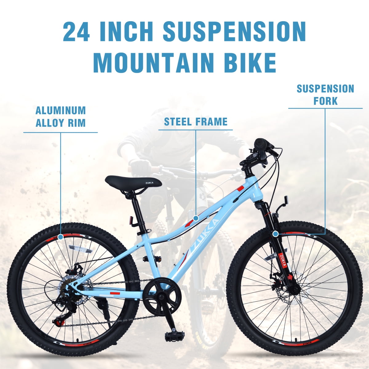LuckyNote 24 Inch 6-Speed Mountain Bike, Steel Frame, Front & Rear Disc Brakes, Suspension Fork, Blue