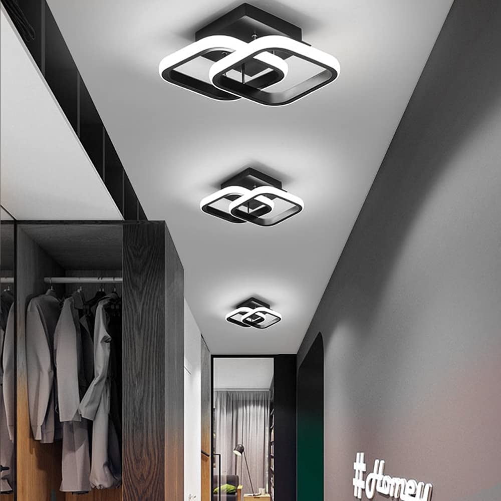 Modern Rectangular 2 LED Ceiling Light 22W Cool White Light 6000K Ceiling Light for Hallway Kitchen Living Room Studio(Black,1PCS)