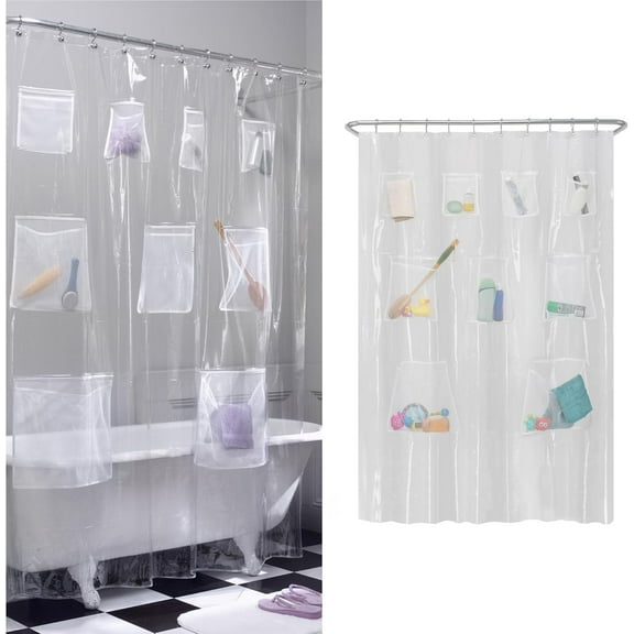 Clear Shower Curtain Liner with 9 Storage Pockets, Transparent Bathroom Organizer for Showers and Bathtubs, Waterproof PEVA Liner, 70 x 72 Inches