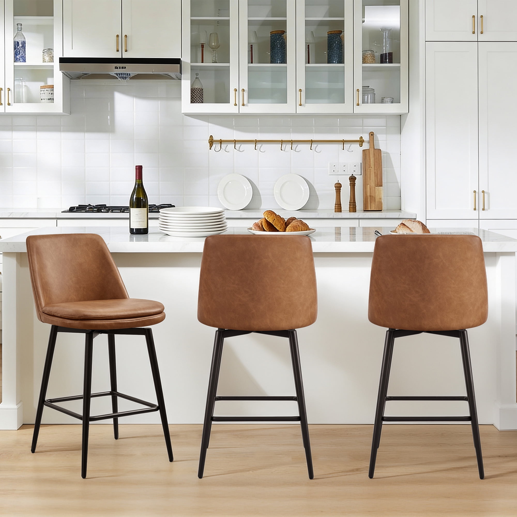 Spruce & Spring Counter Height Swivel Barstool with Curved Back and Metal Legs Set of 2, Cognac Faux Leather