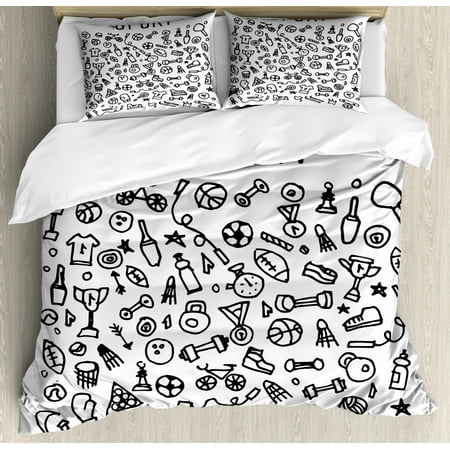 Fitness Duvet Cover Set Hand Drawn Sport And Fitness Elements