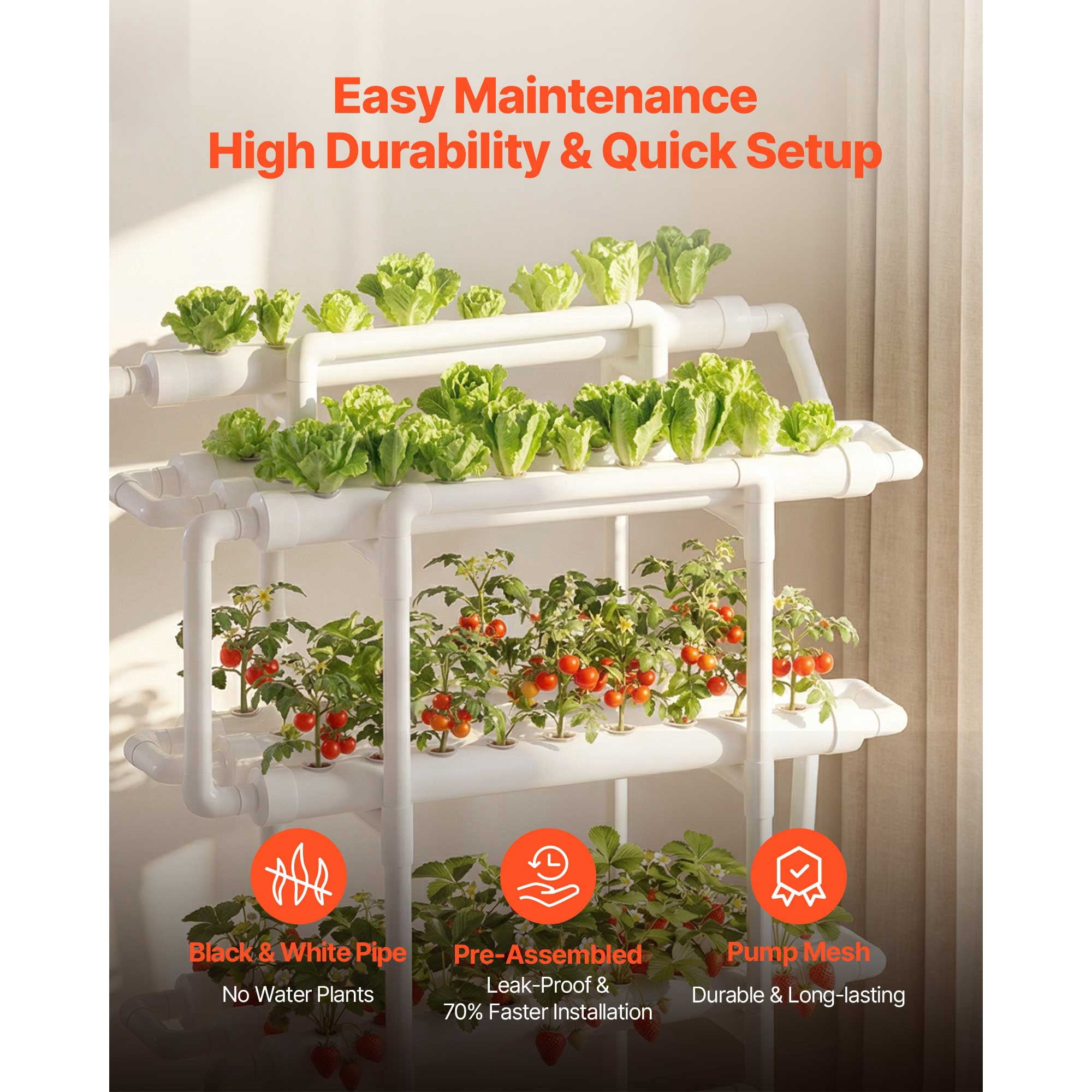 KFFKFF 3-Tier Hydroponic Growing System Kit, 90-Site UPVC Pipe Setup with Timed Irrigation, Light-Blocking Design for Indoor Gardening of Vegetables, Fruits, and Herbs