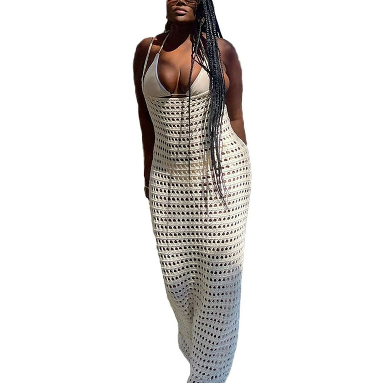 Women Knitted Backless Long Dress Crochet Hollow Out Bodycon Midi Dress See  Through Sexy Cover Up Maxi Sundress