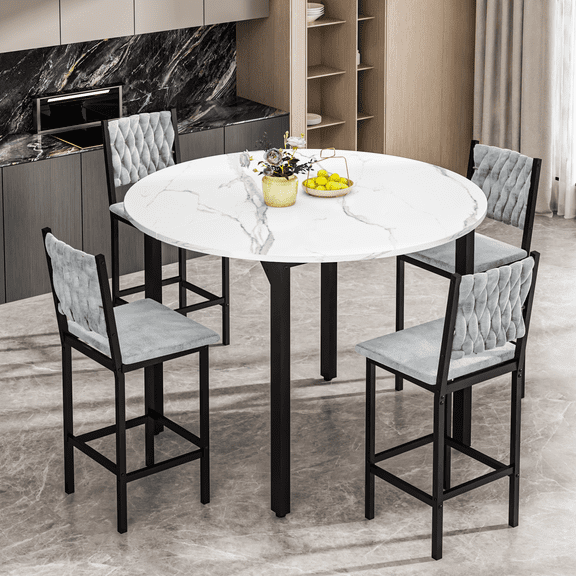 Baxluxe Round Dining Table Set for 4, Faux Marble Kitchen Table with Upholstered Velvet Chairs, Modern Dining Room Furniture, Easy to Assemble & Clean