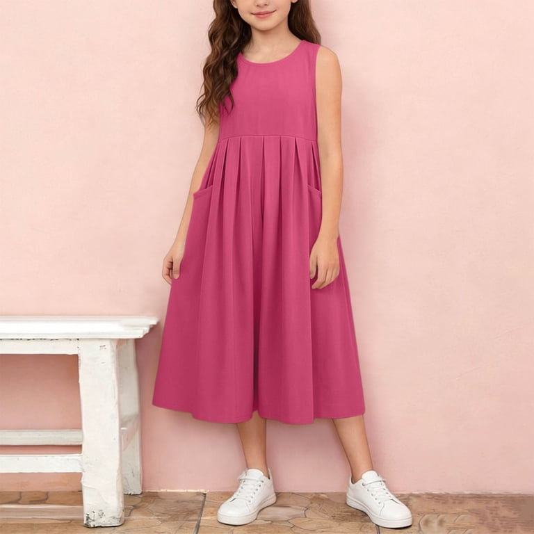 WRKEKC Girls Casual Dresses Sleeveless Round Neck Side Pockets Gathered Bust Solid Cotton Loose Midi Casual Dress For Girls 1-13 Years