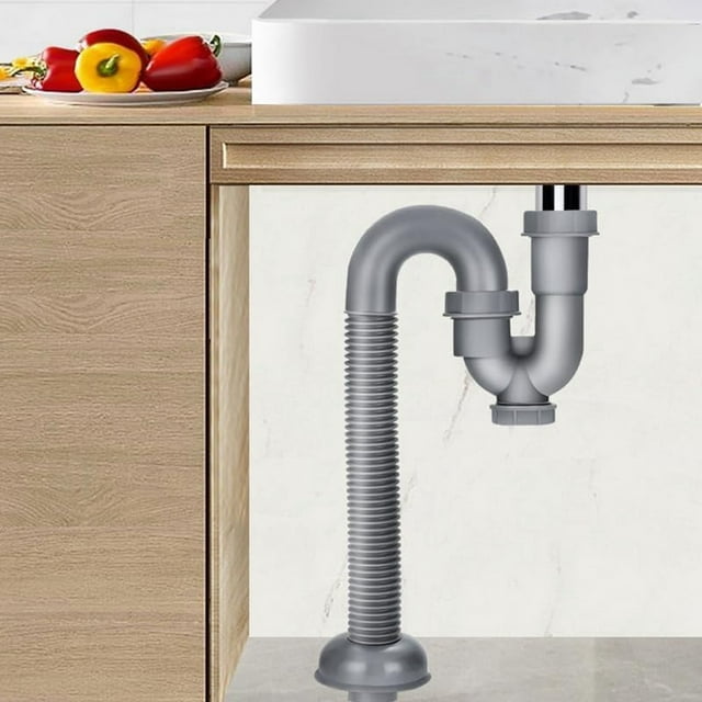 1 1/4 Inch Kitchen Sink Drain Pipe Kit with Cleanout Plug Anti-Odor, Flexible U-Shaped Drain Pipe Backflow Prevention