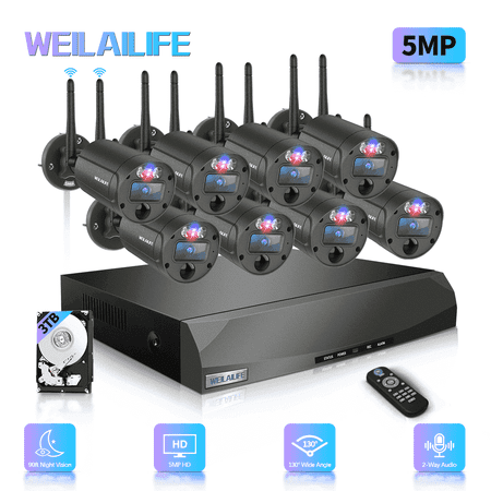 Weilailife 5MP Wireless Security Camera System with Red & Blue Warning Light Dual Antenna Outdoor Cameras 16-Channel NVR No Monthly Fee