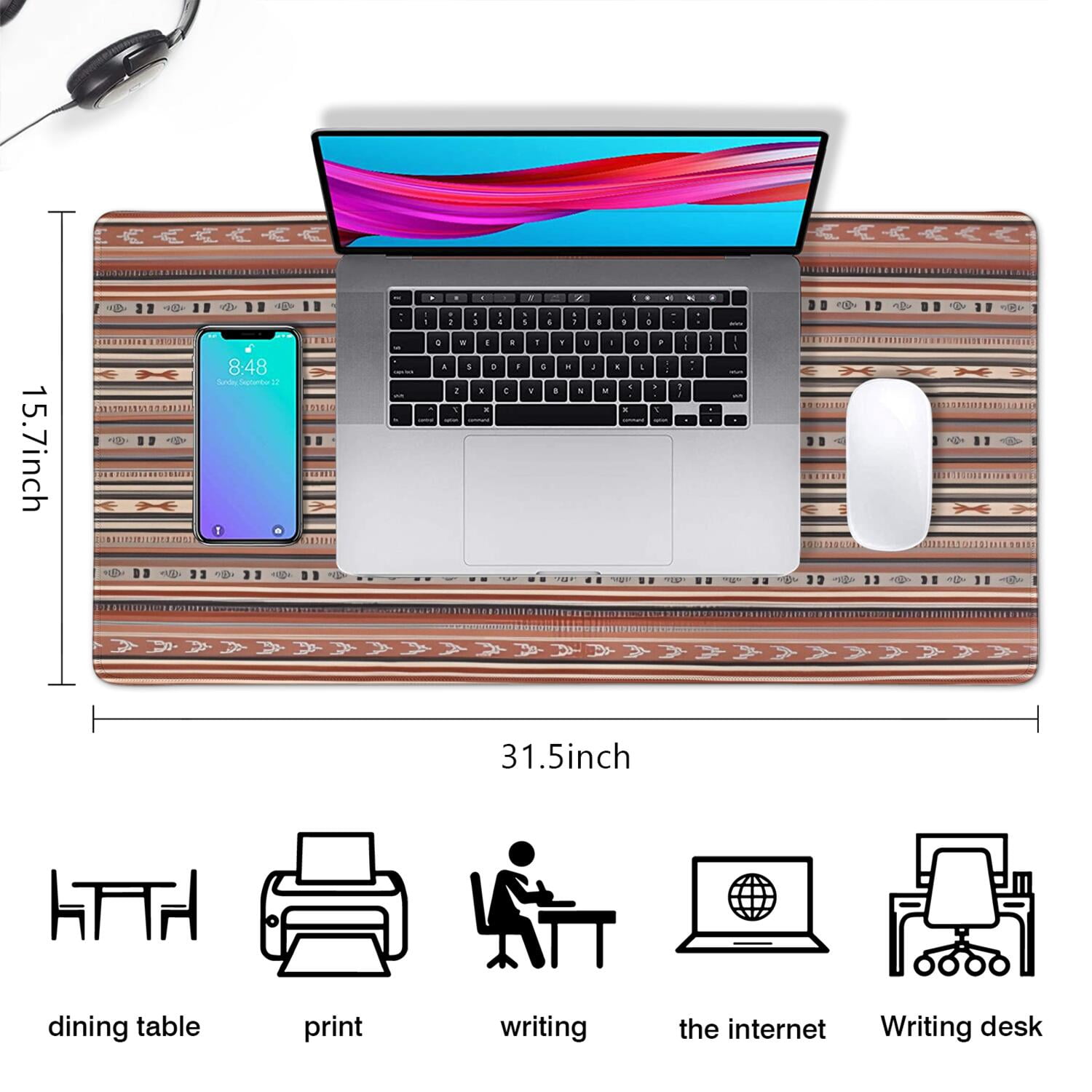 Long Mouse Pads for Desk,Boho Red Striped Ethnic Pattern Desk Mats on Top Of Desks, Desk Mouse Pad Extra Large with 3mm Non-Slip Base and Stitched Edge for Gaming,Office,Work,Home 31.5"x15.7"