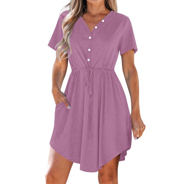 WRKEKC Liquidation d'Été! Robes d'Été pour Femmes 2025, Robes Décontractées pour Femmes, Robe d'Été Décontractée Col en V Manches Courtes Robes à Cordon avec Poches