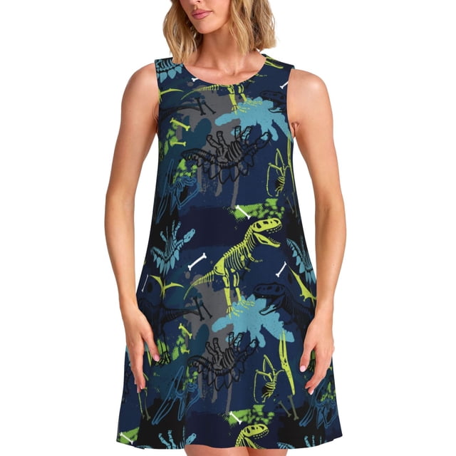 Fotbe Cartoon Dinosaur Vestido de Verano sin Mangas para Mujer – Vestido Midi Línea A, Estilo Camiseta Floral, Vestido Playero Casual y Fluido