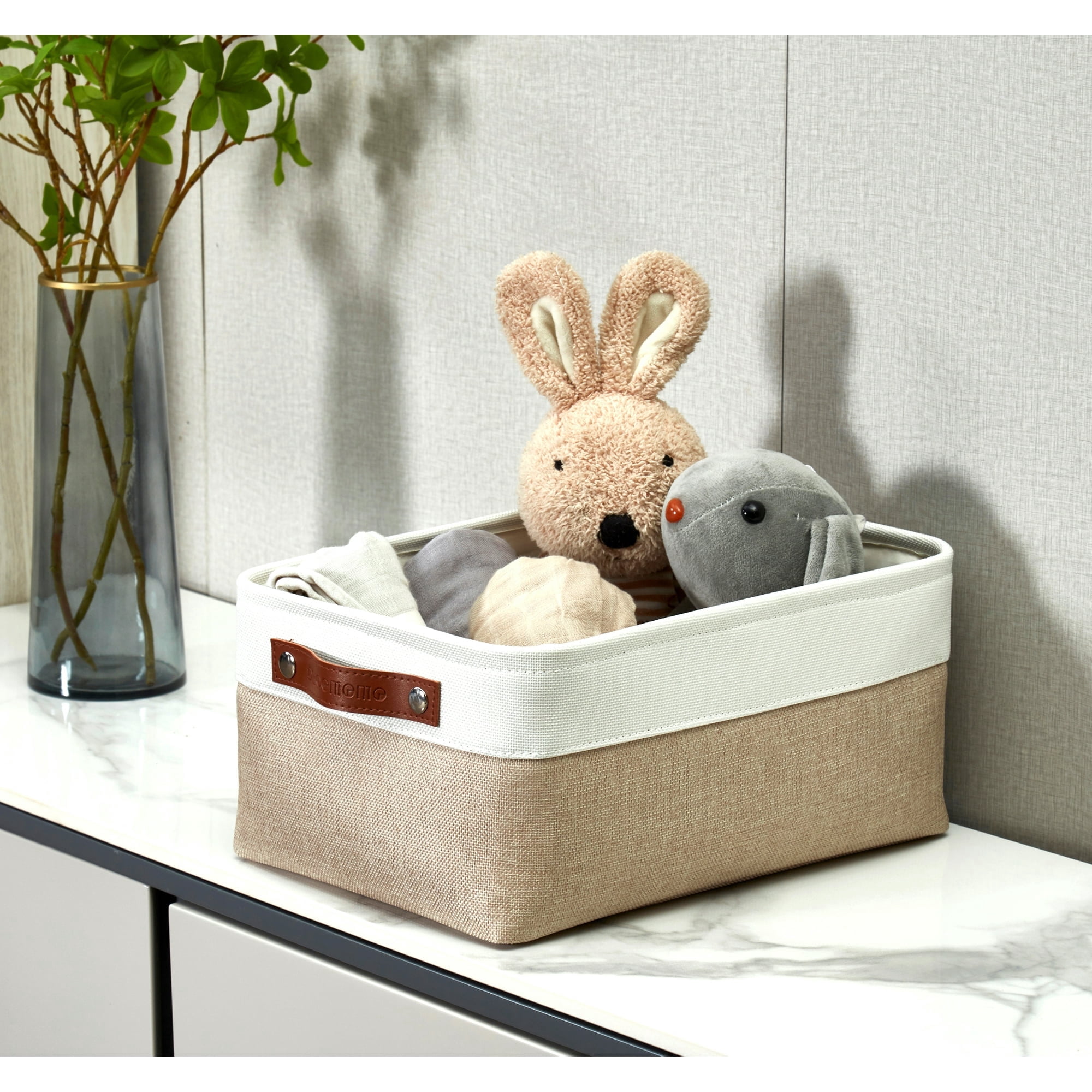 DECOMOMO Medium Decorative Durable Fabric Storage Baskets and Bins, Beige and White, Set of 3