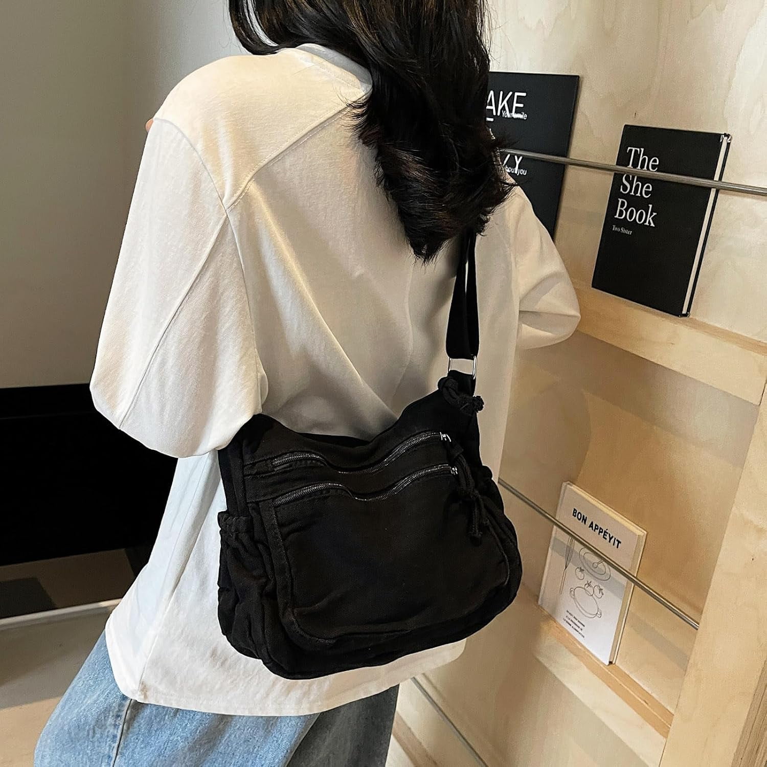 Canvas Crossbody Bags for Women Men Tote Shoulder Purses with Zipper Pockets Women's Messenger Handbags Purse