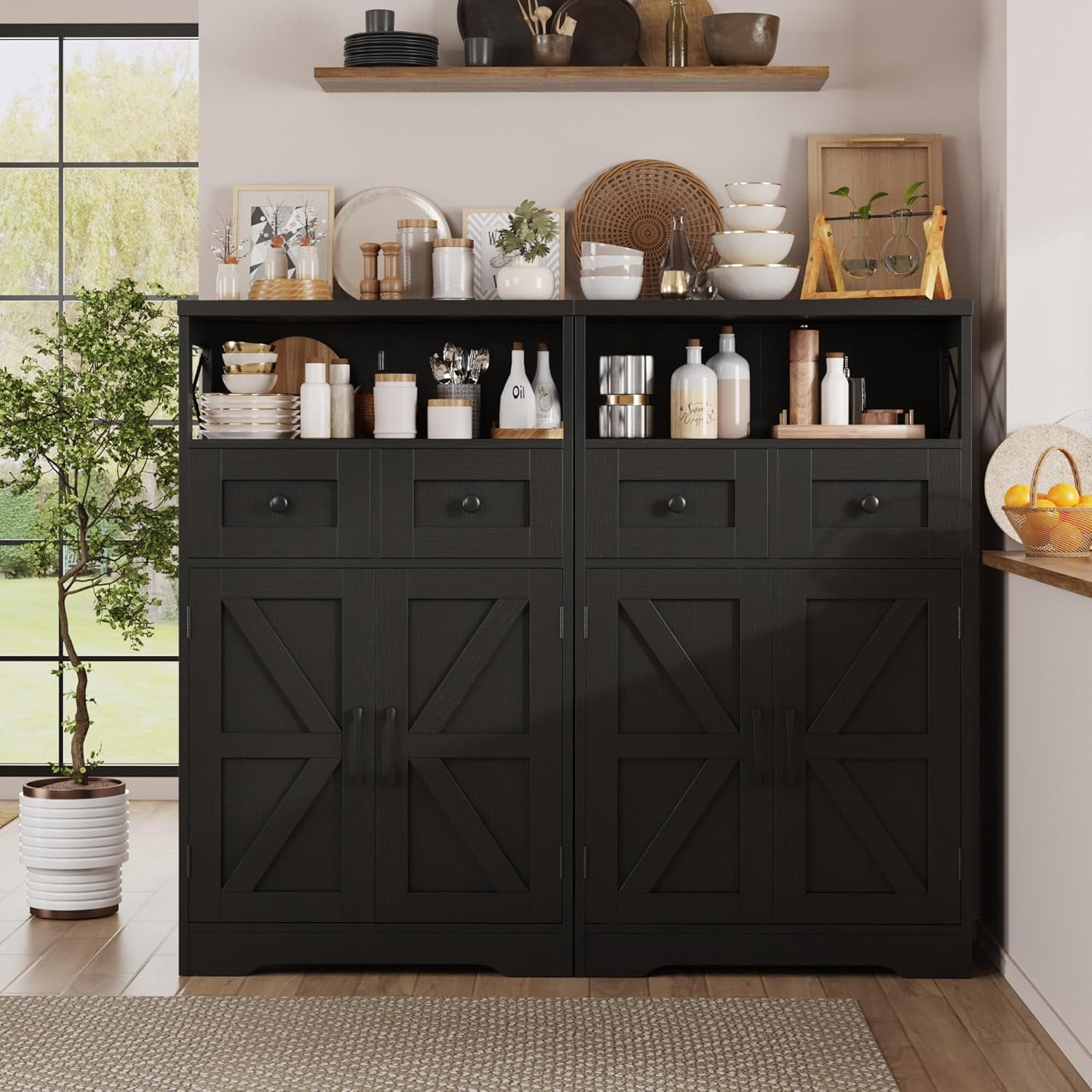 Set of 2 Black Storage Cabinet with Drawers and Shelves, Freestanding Black Kitchen Pantry, Floor Storage Cabinet Hutch Cupboard for Dining, Living Room, Home Office