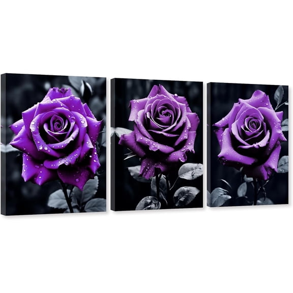 ZHONGYUTONG Purple Rose Canvas Wall Art 3 Piece Flower Pictures Wall Decor Black and White Floral Painting for Living Room Decor Framed (11.00" x 14.00" x 3PCS)