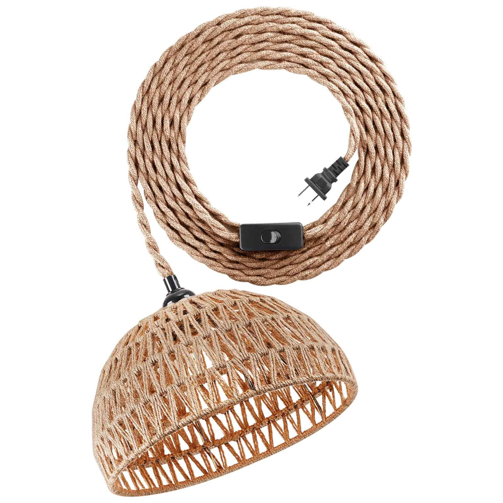 IC INSTANT COACH Woven Pendant Lights, Brown Woven Rattan Shade, Hemp Rope Hanging Cord with Switch, E26 Farmhouse Chandelier Pendant Light Fixtures for Kitchen Island, Dining Room, Living Room, Bedro