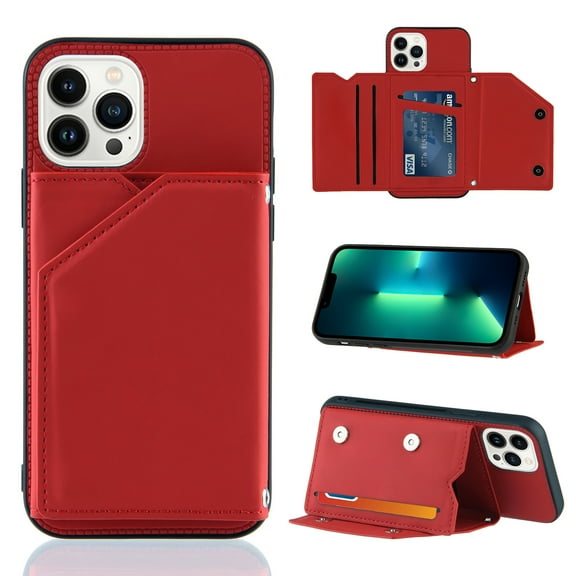 Dteck for Apple iPhone 14 Pro Max Wallet Case with Card Holder, PU Leather Kickstand Card Slots Case, Double Magnetic Clasp and Durable Shockproof Cover 6.7 Inch, Red