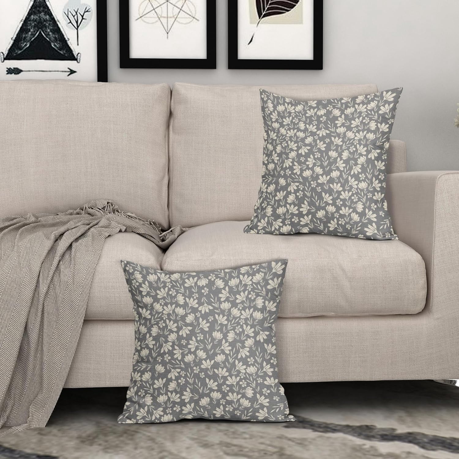 Vintage Flower Pillow Covers 18x18 Set of 2 Rustic Cute Small Floral Black Brown Old Style Decorative Throw Pillows Outdoor PillowCase Farmhouse Linen Cushion Case Decor for Home Sofa Couch Bed