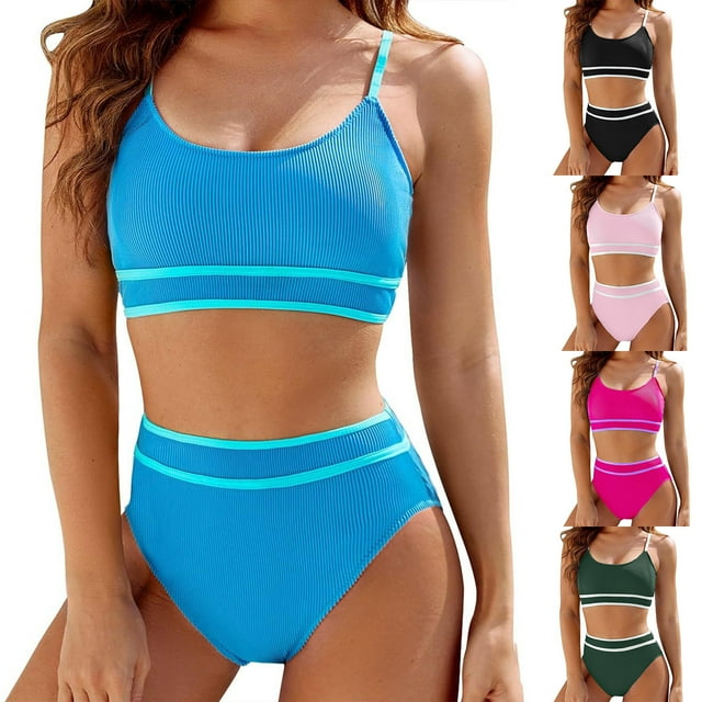 Sentmoon Womens Two Piece Swimsuit High Cut Bikini for Women Tummy Control Push Up High Waist Solid Color Oversized Spaghetti Strap Bathing Suit for Women Summer The Holiday