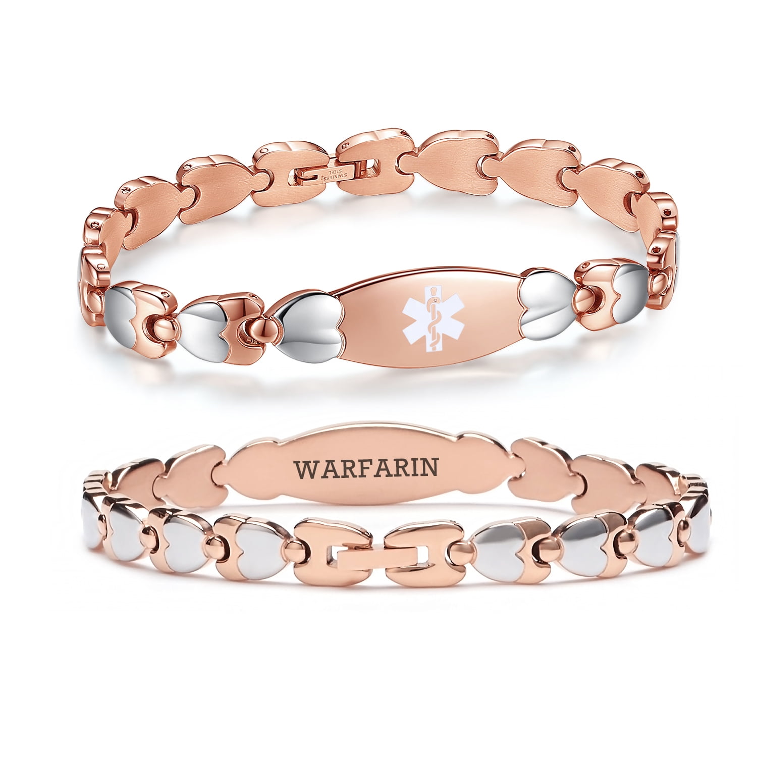 Double Heart Medical alert Bracelet for Women 7 1/2 inches Rose gold Medical alert bracelets for