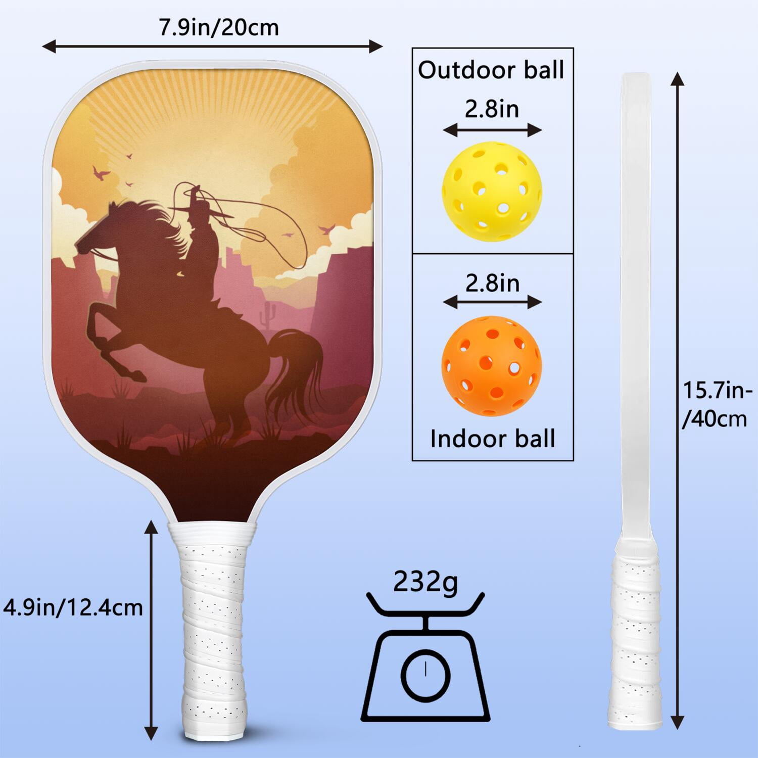 Pickleball Paddles Set Of 1, Fiberglass Surface, West & Cowboy Print, 1 Paddle, 2 Balls & Bag